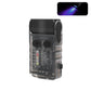 Rechargeable mini keychain flashlight with clear body and black head, purple LED indicators