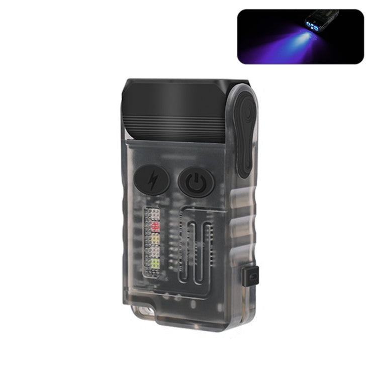 Rechargeable mini keychain flashlight with clear body and black head, purple LED indicators