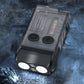 Portable rechargeable keychain flashlight with clear housing and black head, front white LEDs