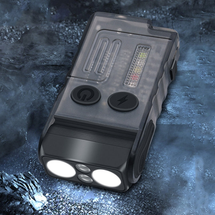 Portable rechargeable keychain flashlight with clear housing and black head, front white LEDs