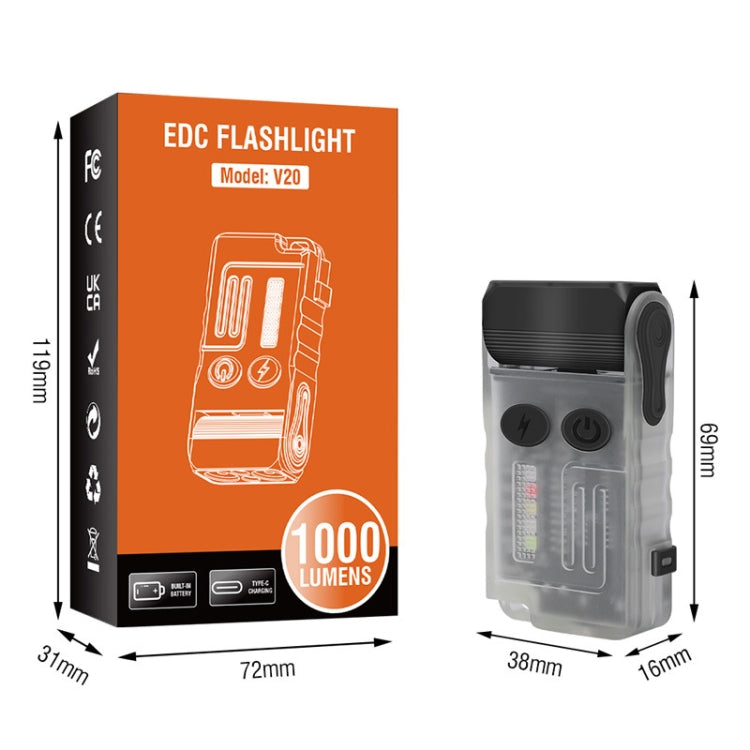 EDC rechargeable keychain flashlight box with clear body and black head, LED indicators