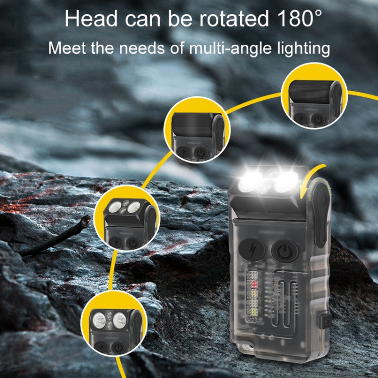 Rechargeable keychain flashlight with rotating head, clear body and black casing