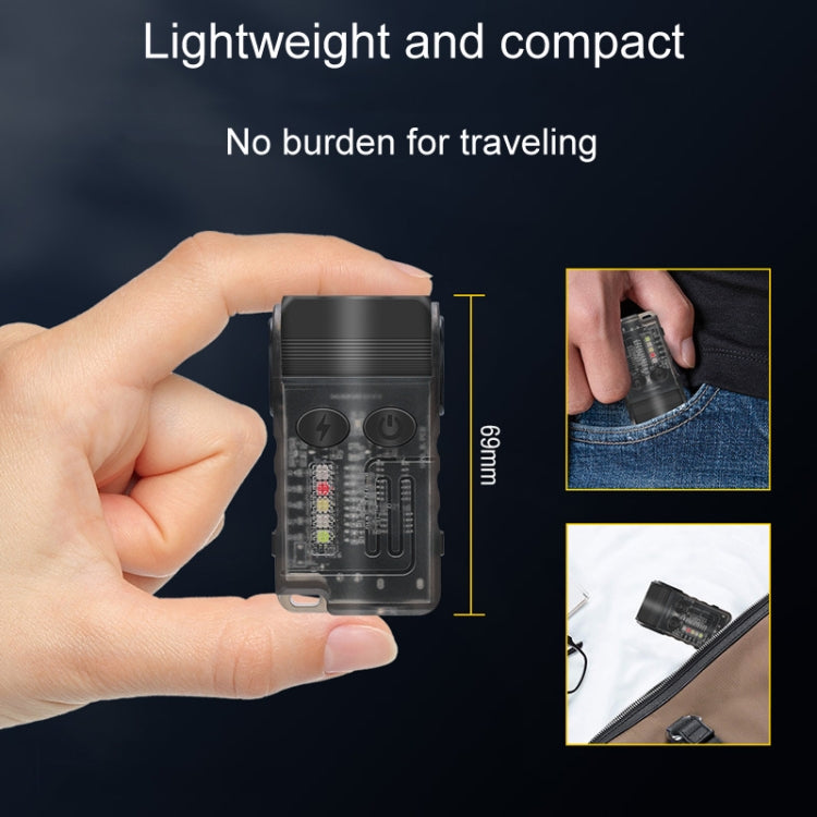 Rechargeable mini keychain flashlight with clear body and black head, held in hand