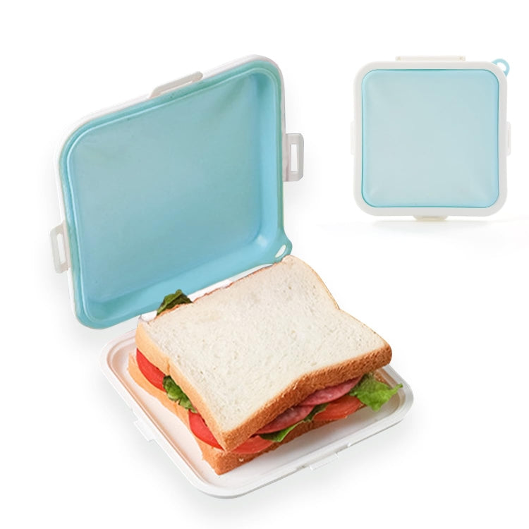 Blue silicone sandwich bread storage box with open lid and sandwich inside