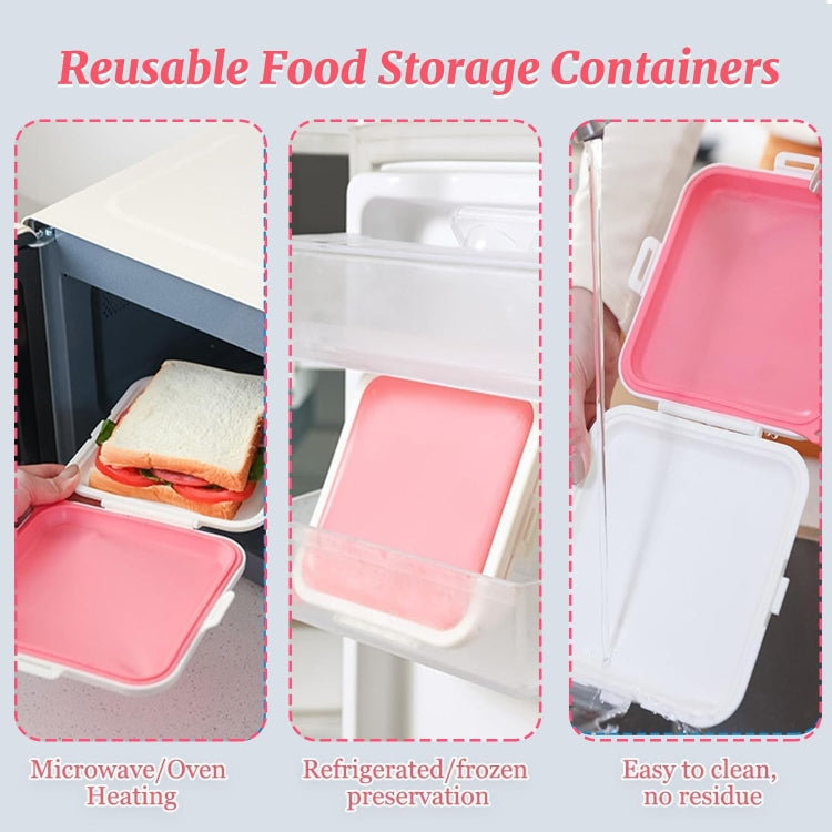 Reusable food storage containers with silicone lids in white, pink, and pink-tinted views