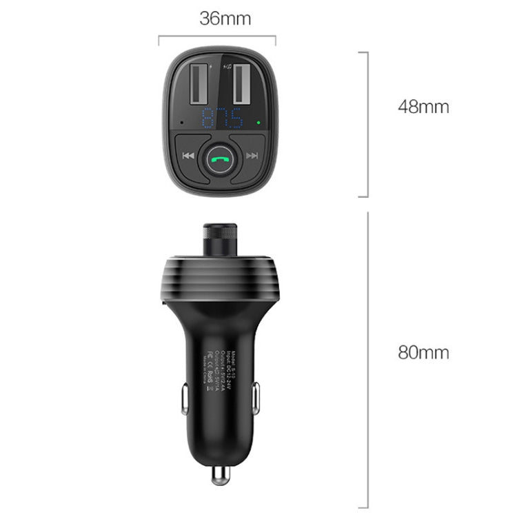 Car Bluetooth fast charger receiver with compact size, front and top views shown