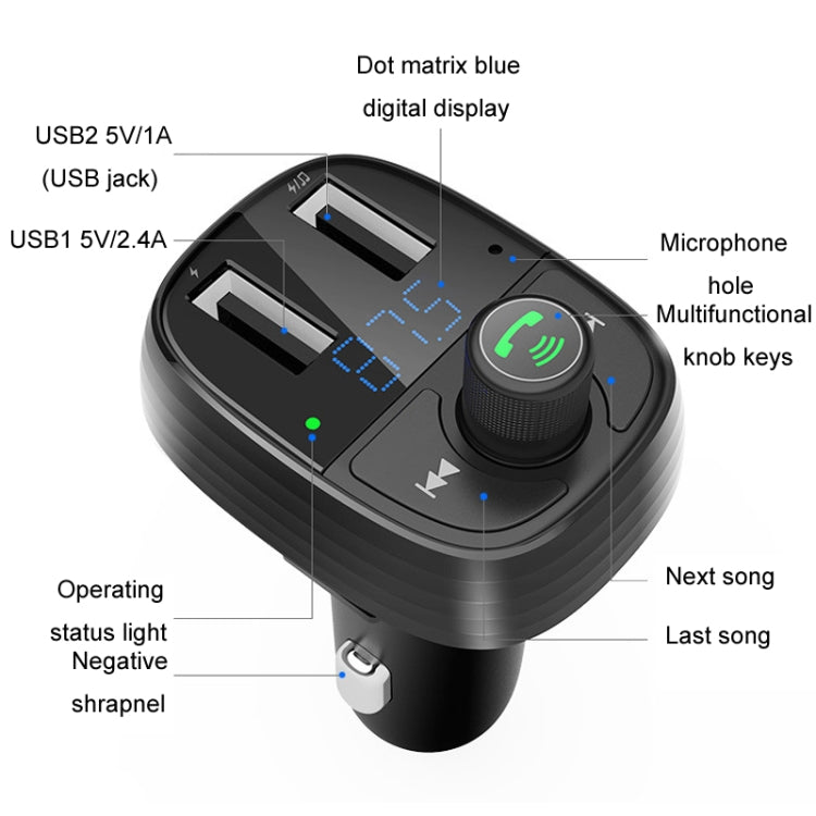 Car Bluetooth fast charger receiver with blue digital display, mic hole, dual USB ports