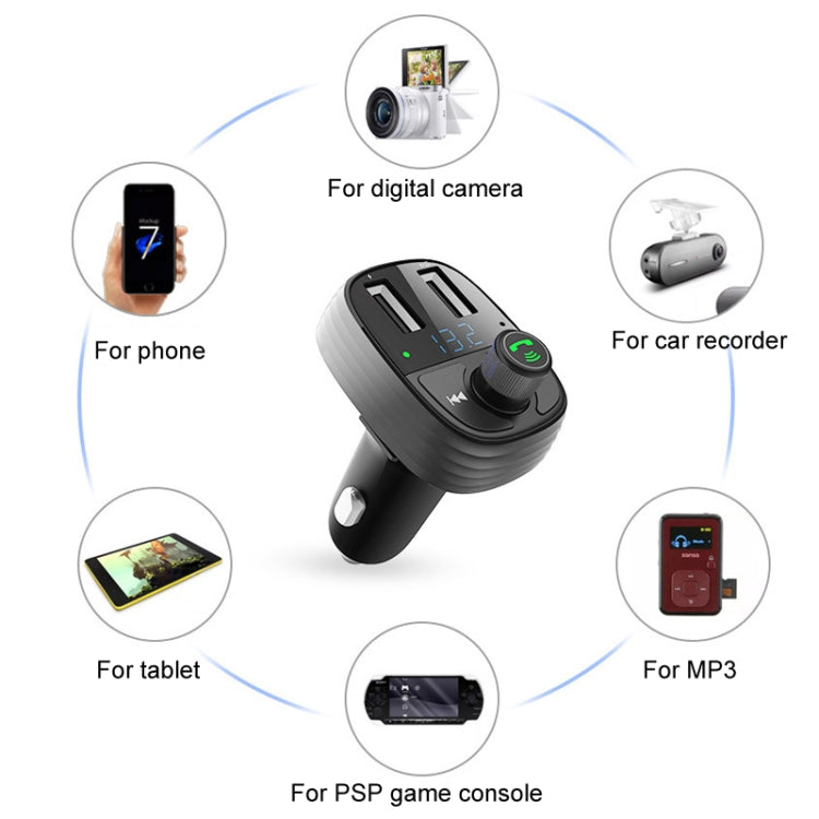 Car Bluetooth fast charger receiver with TF/USB media playback slots, black body