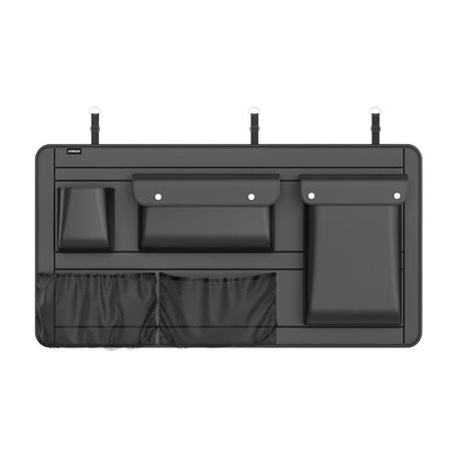 Car trunk storage bag with front organizer pockets and mesh divider, dark gray