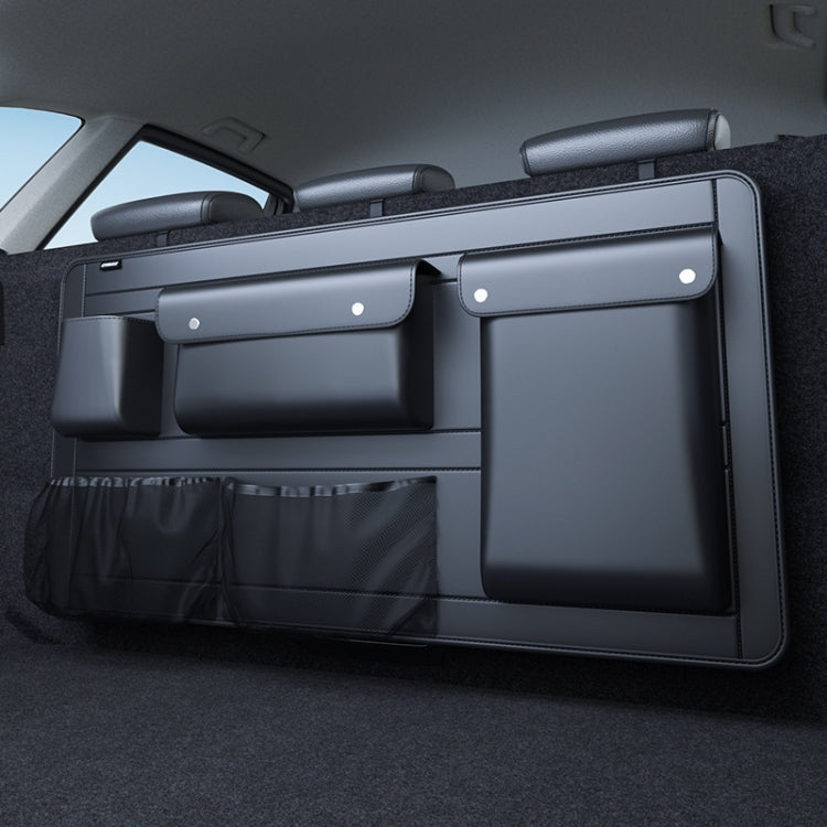 Car trunk storage bag with large side pocket and mesh bottom divider, dark gray