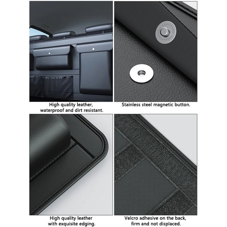 Car trunk storage bag with leather-like panels, magnetic button closure, velcro lining