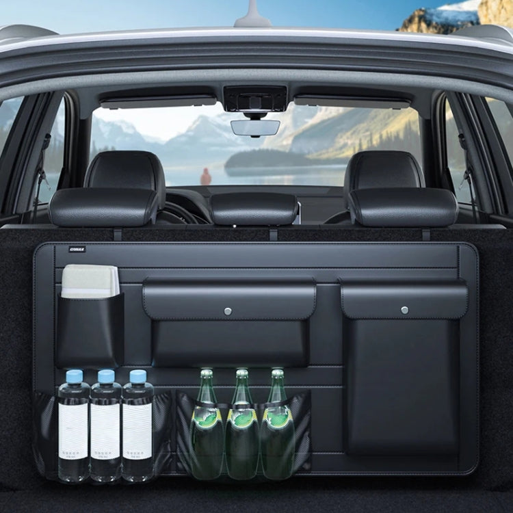 Car trunk storage bag with drink slots and compartment dividers, installed in trunk