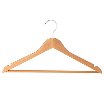 Solid wooden clothes hanger with metal hook, smooth natural wood finish.