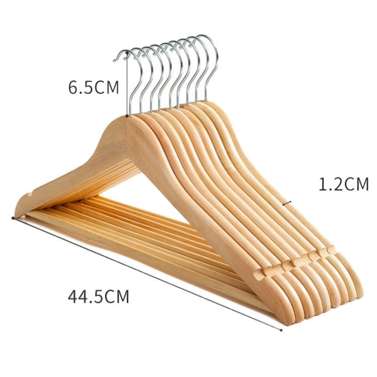 Set of curved wooden clothes hangers with chrome steel hooks, grooved grips.