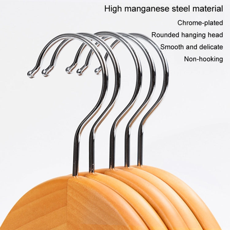 Chrome-plated wire hanger hooks on wooden hangers, rounded non-hocking tips.