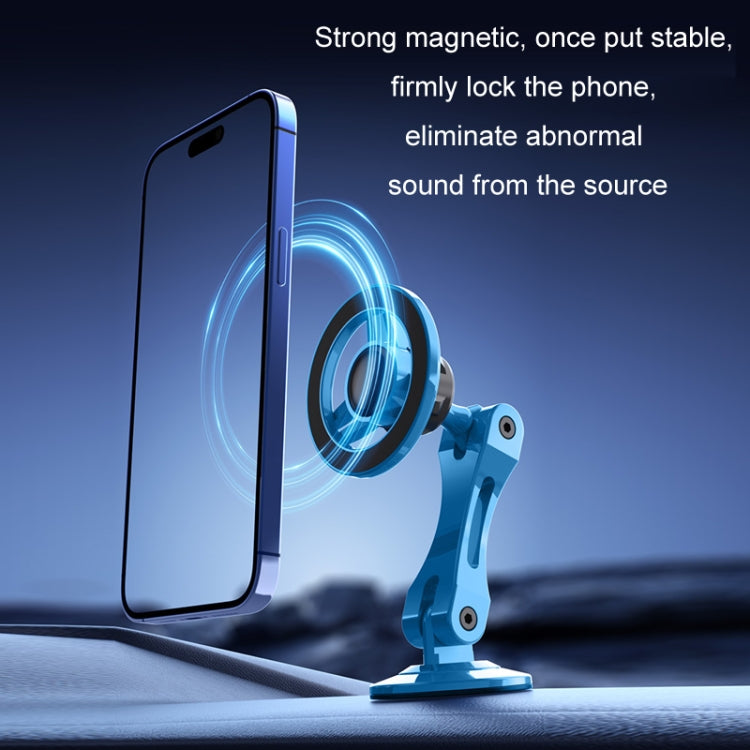 Blue magnetic phone holder gripping a smartphone on the dashboard