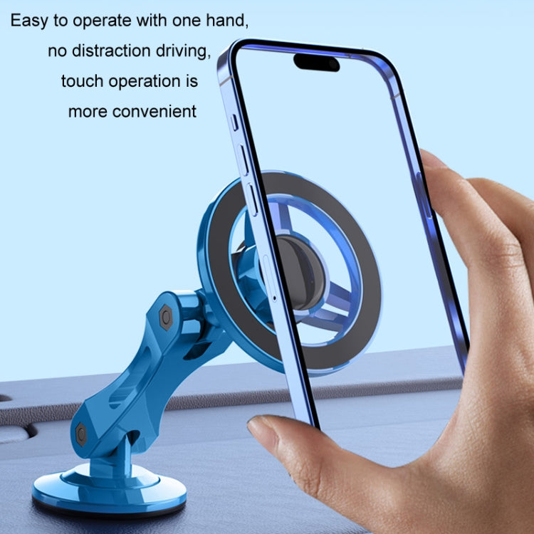 Blue magnetic phone holder with adjustable arm and mounted smartphone