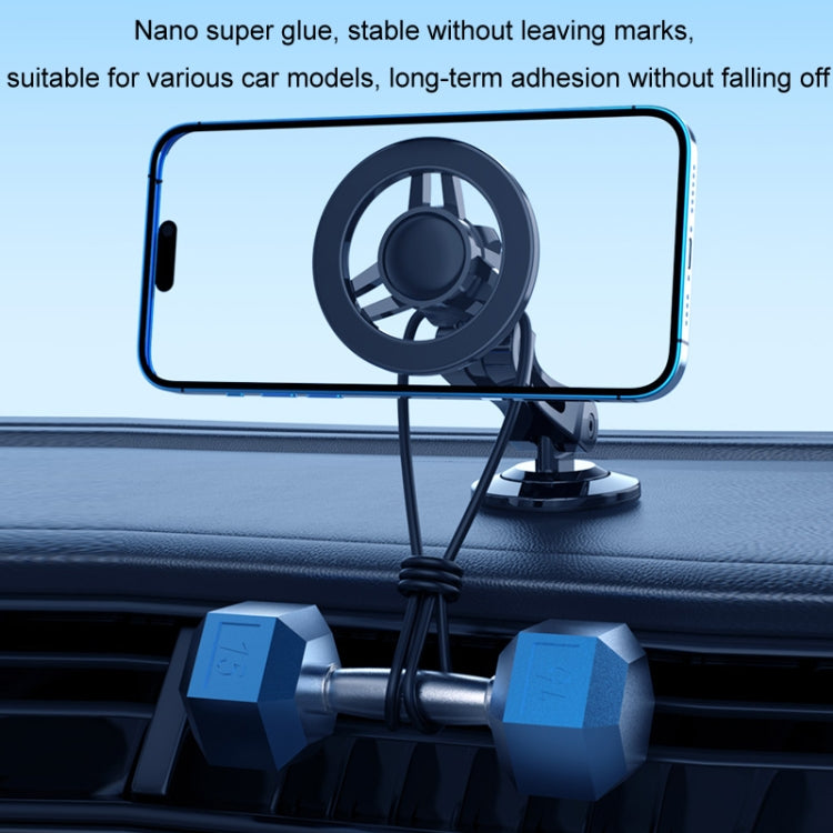 Blue magnetic phone holder holding a smartphone on the dashboard