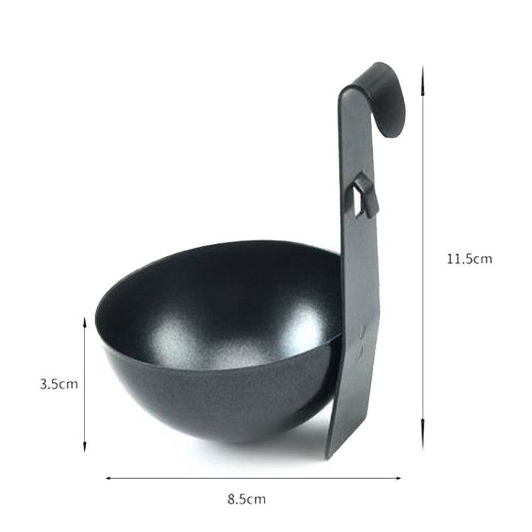 Black egg poaching cup with tall hanging handle and side cutout.