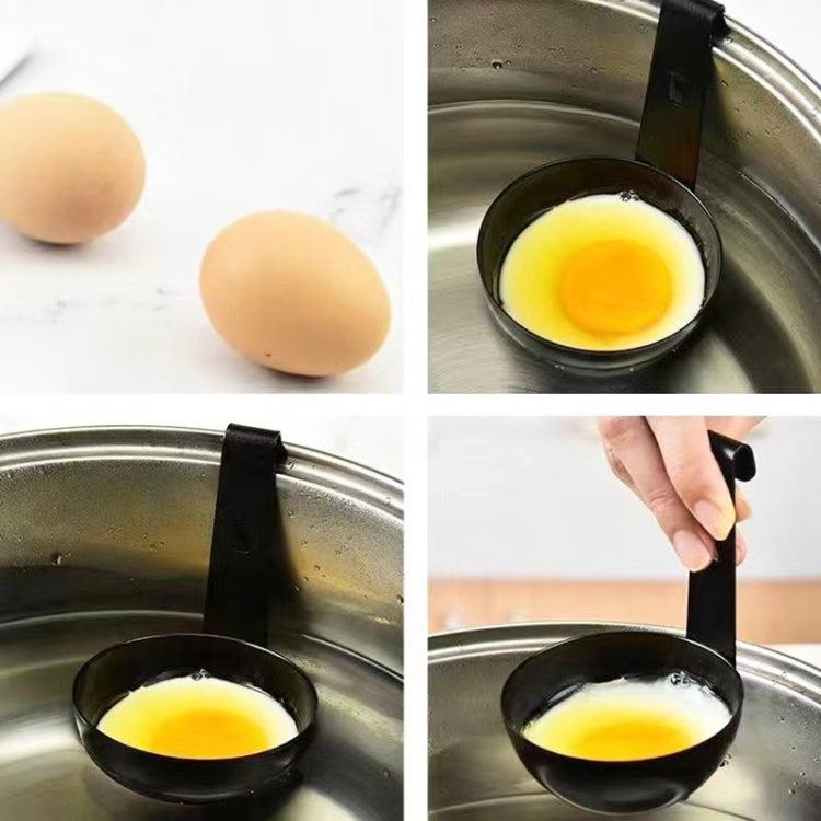Black egg poaching mould with hanging handle and poached egg in skillet.