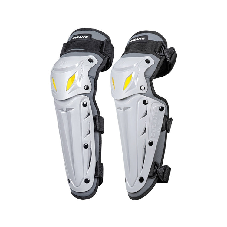 Pair of gray-and-white motorcycle knee pads with black straps and yellow impact accents