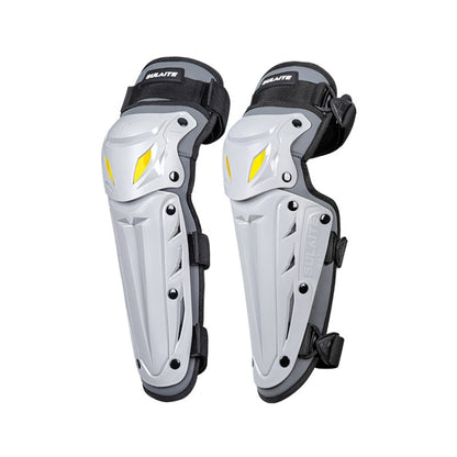 Pair of gray-and-white motorcycle knee pads with black straps and yellow impact accents
