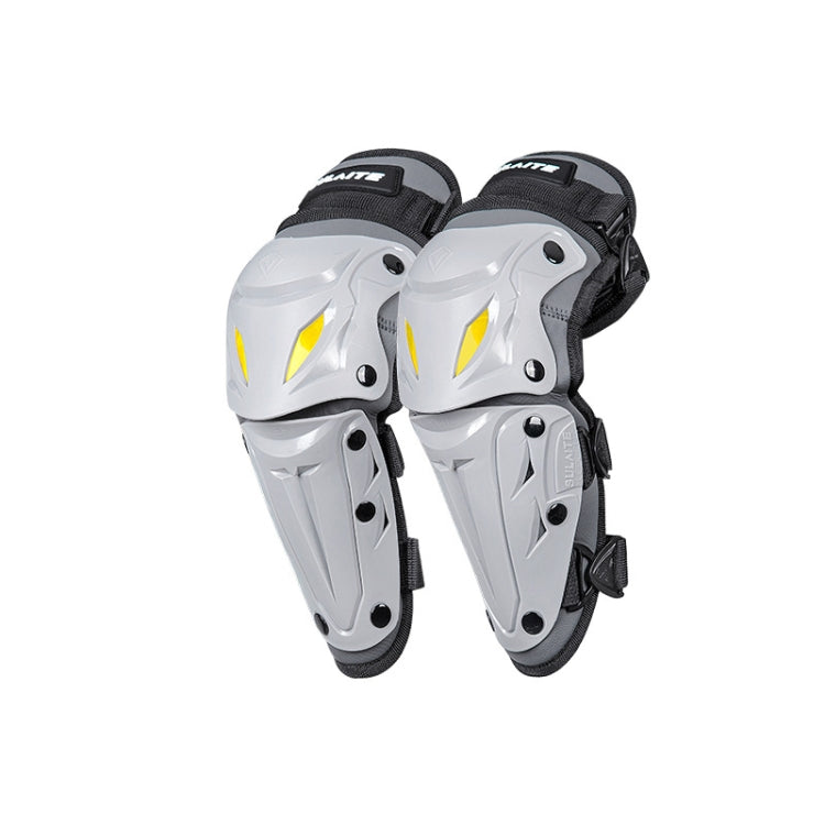 Pair of gray-and-white motorcycle elbow pads with black side straps and yellow accents