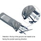 Gray ground spike storage bag with drawstring opening and metal stakes inside