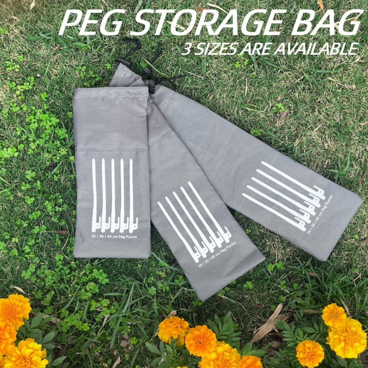 Three gray drawstring ground spike storage bags, 30/39/49 cm with white graphics