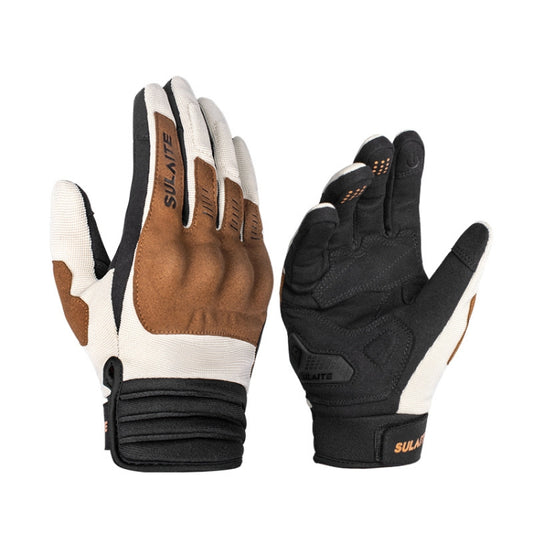 Motorcycle riding gloves, full-finger, tan and black pair with protective palm and knuckle panels