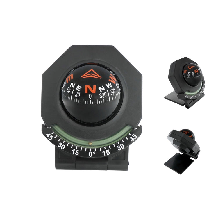 Car compass with slope gauge, black base and dial with orange/white N-E-W markings