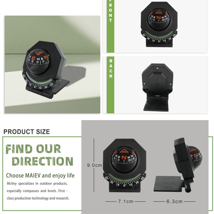 Adjustable foldable car compass with slope scale, black octagonal body and mounting stand