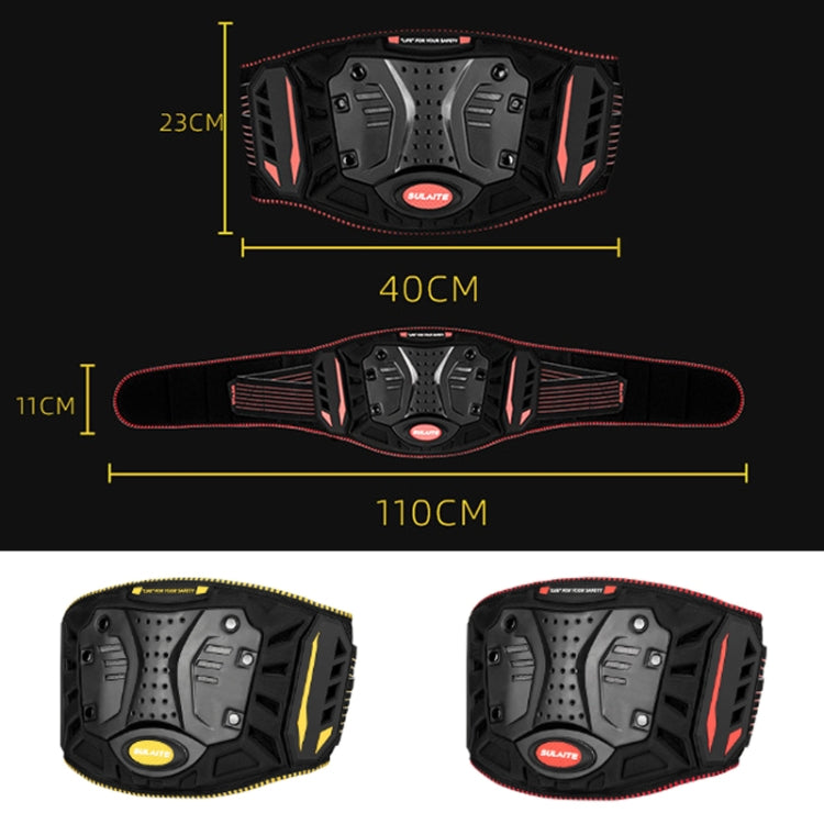 Motorcycle protective waist belt with molded armor pads and red side accents, shown with sizing