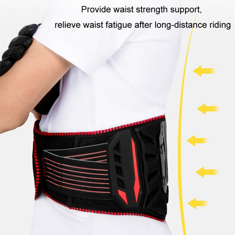 Motorcycle protective waist belt worn on torso, red and black with flexible fit strip