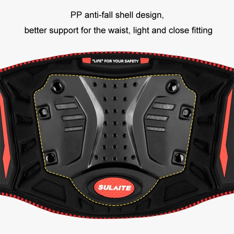 Motorcycle waist belt close-up, black armor with red side panels and dotted ventilation