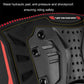 Motorcycle waist belt close-up, black molded pad with silver inserts and red detailing