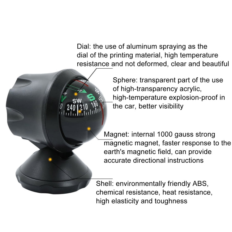 Black compass guide ball on desktop stand, showing colorful direction markings