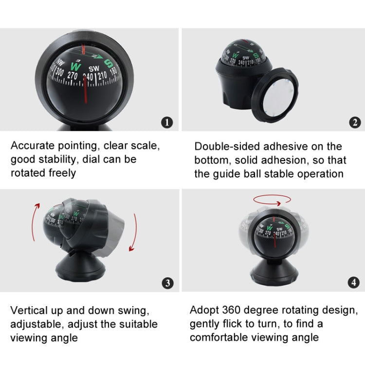 360° rotating black compass guide ball with clear dial and adjustable mount