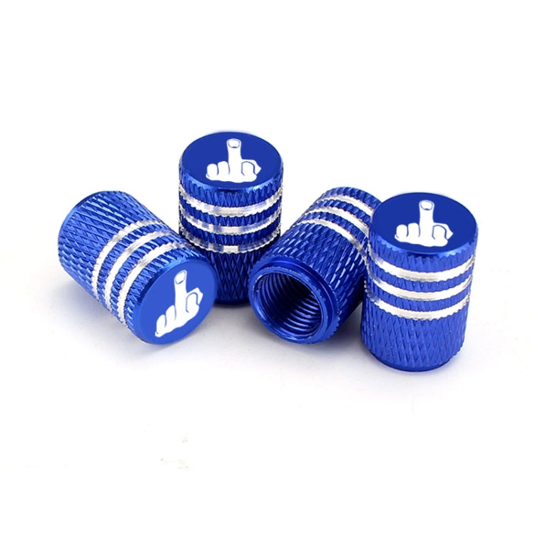 Set of 4 blue tire valve caps with knurled texture and white hand logo icons