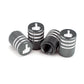Set of 4 gray tire valve caps with knurled texture, white hand logo, and metal threads