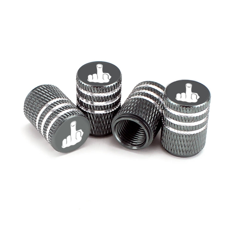 Set of 4 gray tire valve caps with knurled texture, white hand logo, and metal threads