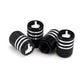 Set of 4 black tire valve caps with knurled texture and white hand logo icons