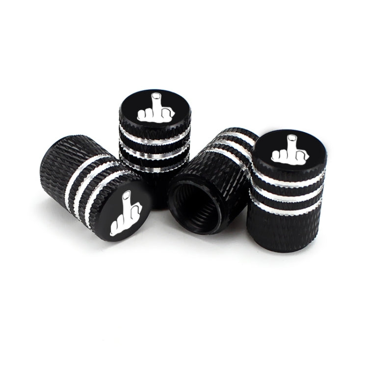 Set of 4 black tire valve caps with knurled texture and white hand logo icons