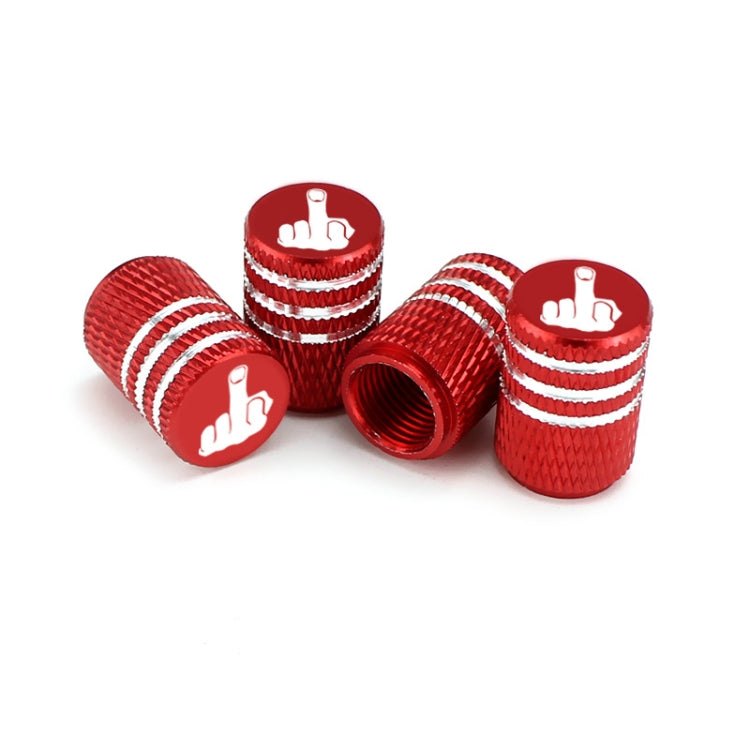 Set of 4 red tire valve caps with knurled texture, white hand logo, and metal threads