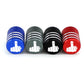 4-pack tire valve caps in blue, gray, black, and red with knurled texture and hand logo
