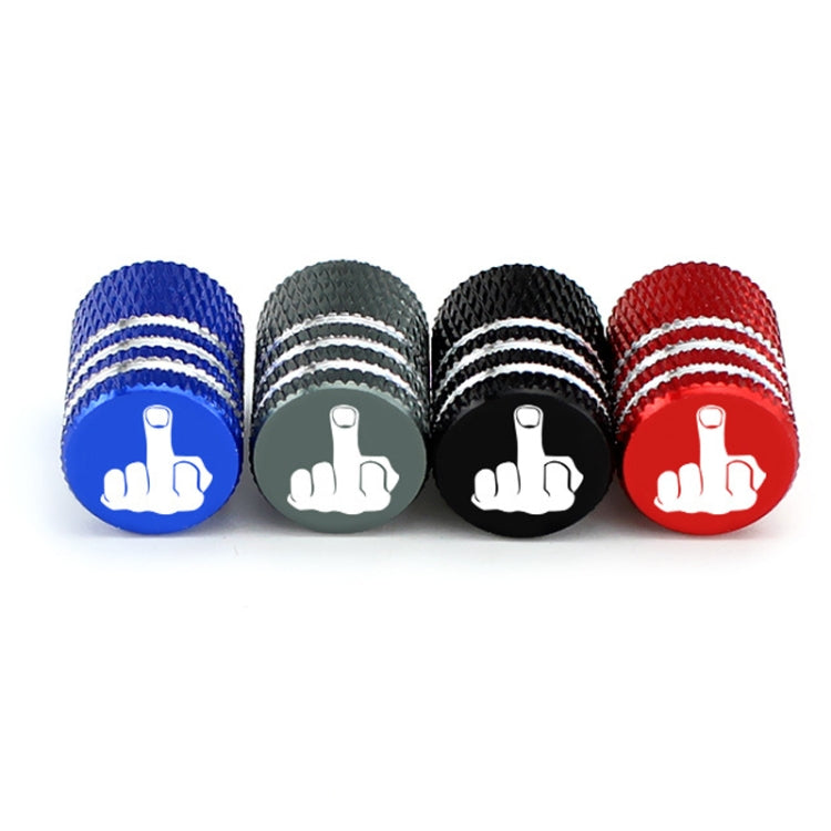 4-pack tire valve caps in blue, gray, black, and red with knurled texture and hand logo