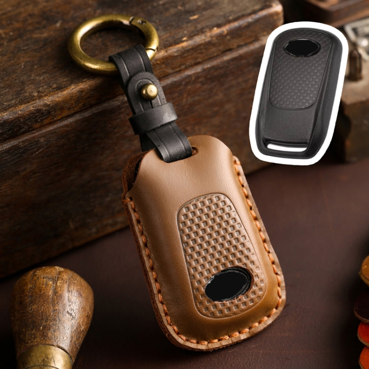 Brown leather motorcycle smart remote key case with metal ring and strap loop