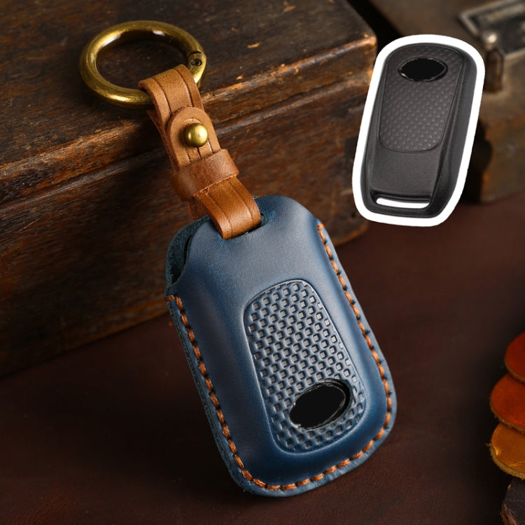 Blue leather motorcycle smart remote key case with textured panel and metal ring