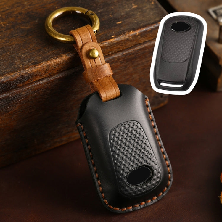 Black leather motorcycle smart remote key case with textured panel and key ring