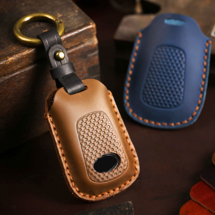 Brown leather motorcycle smart remote key case with black strap and metal ring